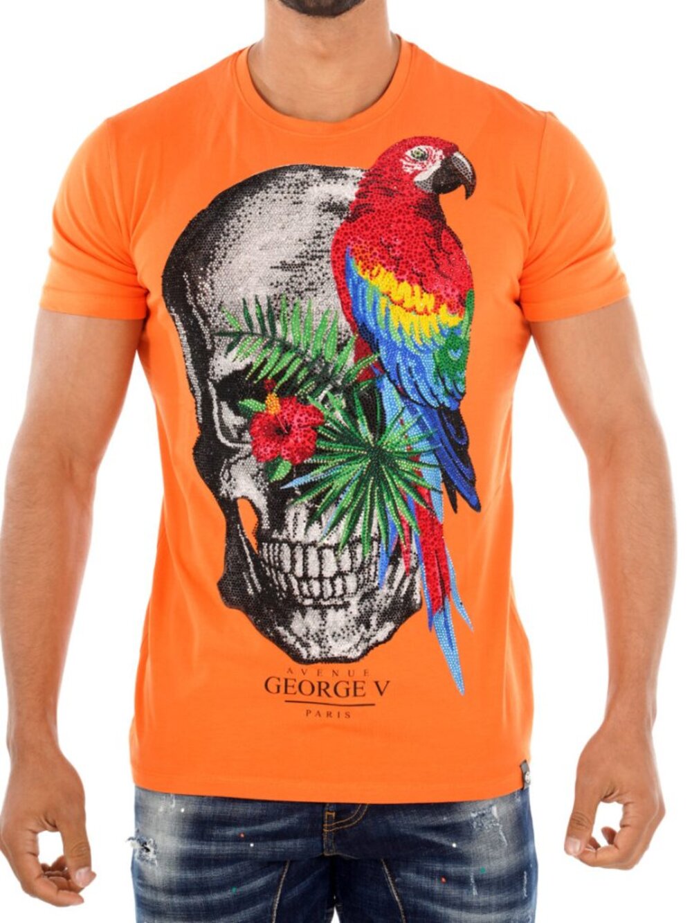 Avenue George V Paris T-Shirt Skull Rhinestone Men's ORANGE Short Sleeve Tee XL